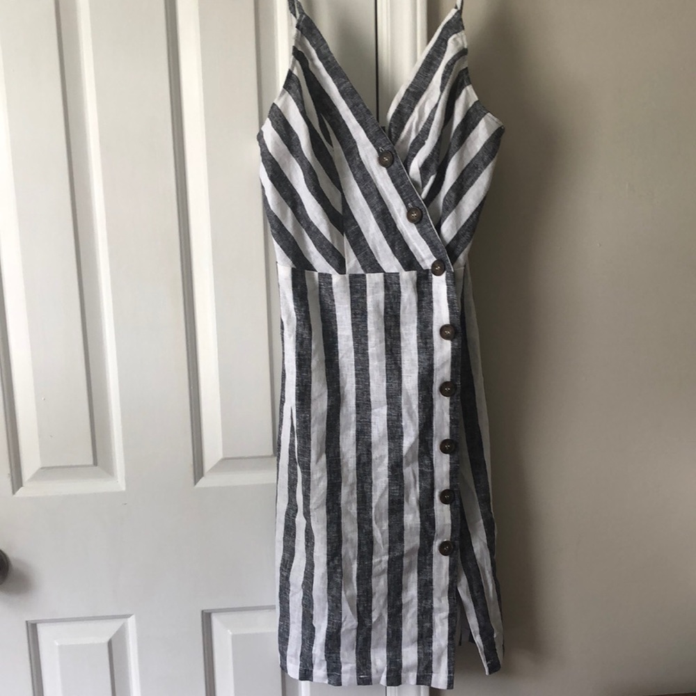 New white and grey striped linen dress
